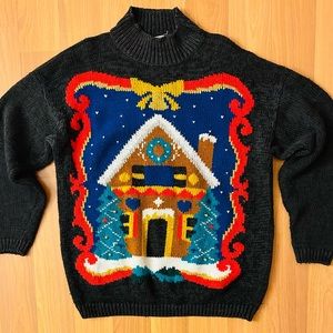 Vintage 90s charcoal gray mock neck ramie/cotton Christmas sweater